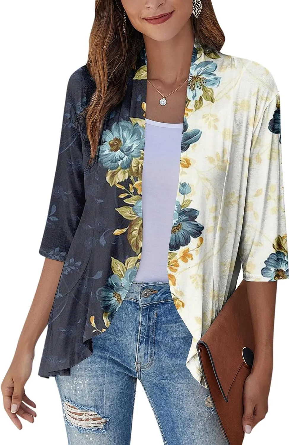 Cardigan for Women Draped Ruffles Printed Casual Tops 3/4 Sleeves Lightweight Open Front Shirts