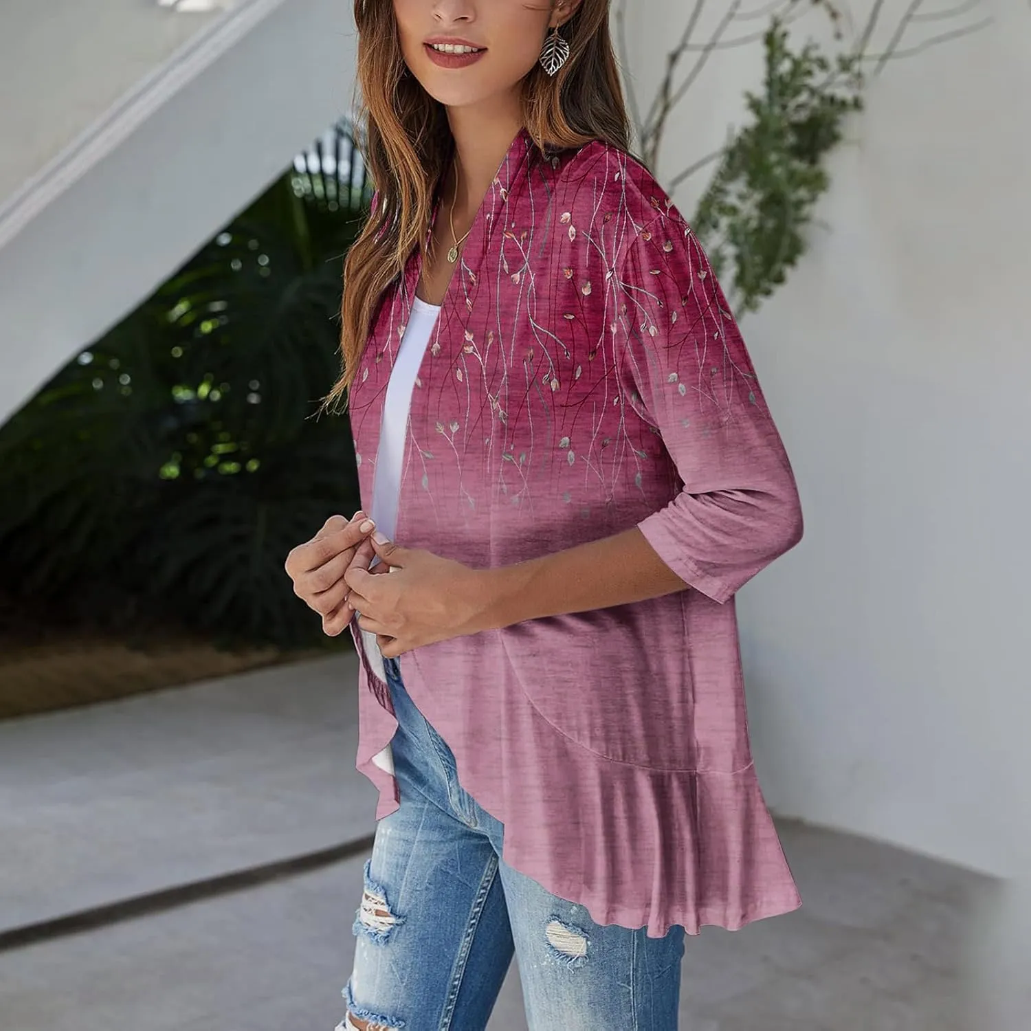 Cardigan for Women Draped Ruffles Printed Casual Tops 3/4 Sleeves Lightweight Open Front Shirts