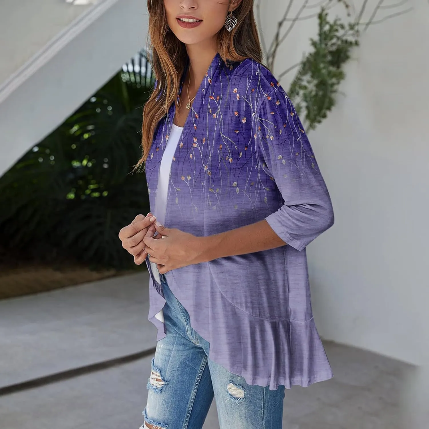 Cardigan for Women Draped Ruffles Printed Casual Tops 3/4 Sleeves Lightweight Open Front Shirts