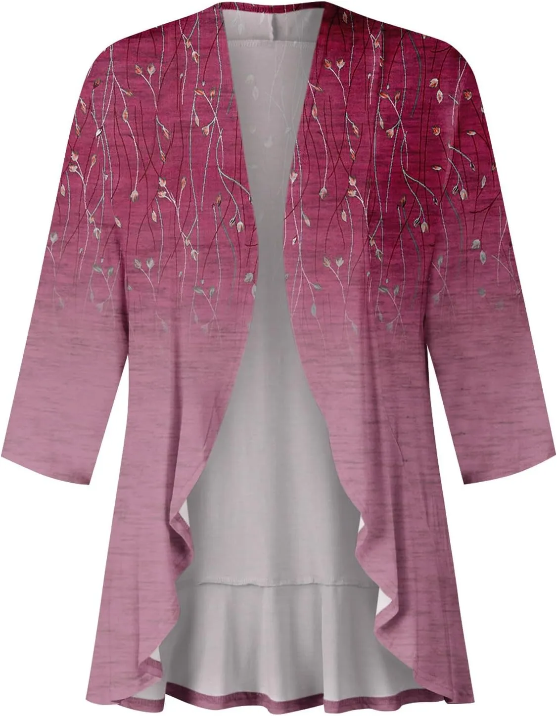 Cardigan for Women Draped Ruffles Printed Casual Tops 3/4 Sleeves Lightweight Open Front Shirts
