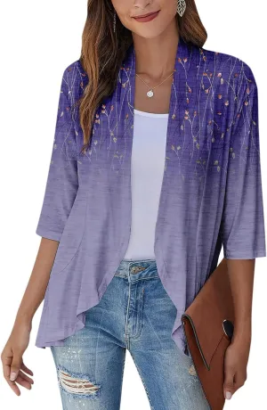 Cardigan for Women Draped Ruffles Printed Casual Tops 3/4 Sleeves Lightweight Open Front Shirts