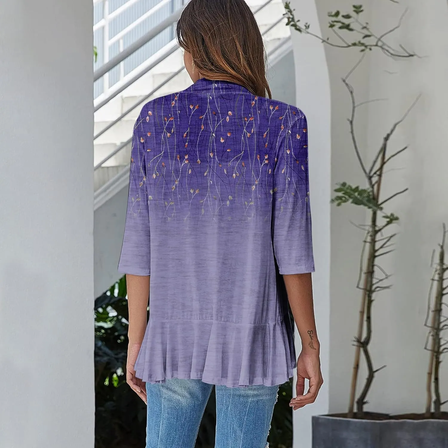 Cardigan for Women Draped Ruffles Printed Casual Tops 3/4 Sleeves Lightweight Open Front Shirts
