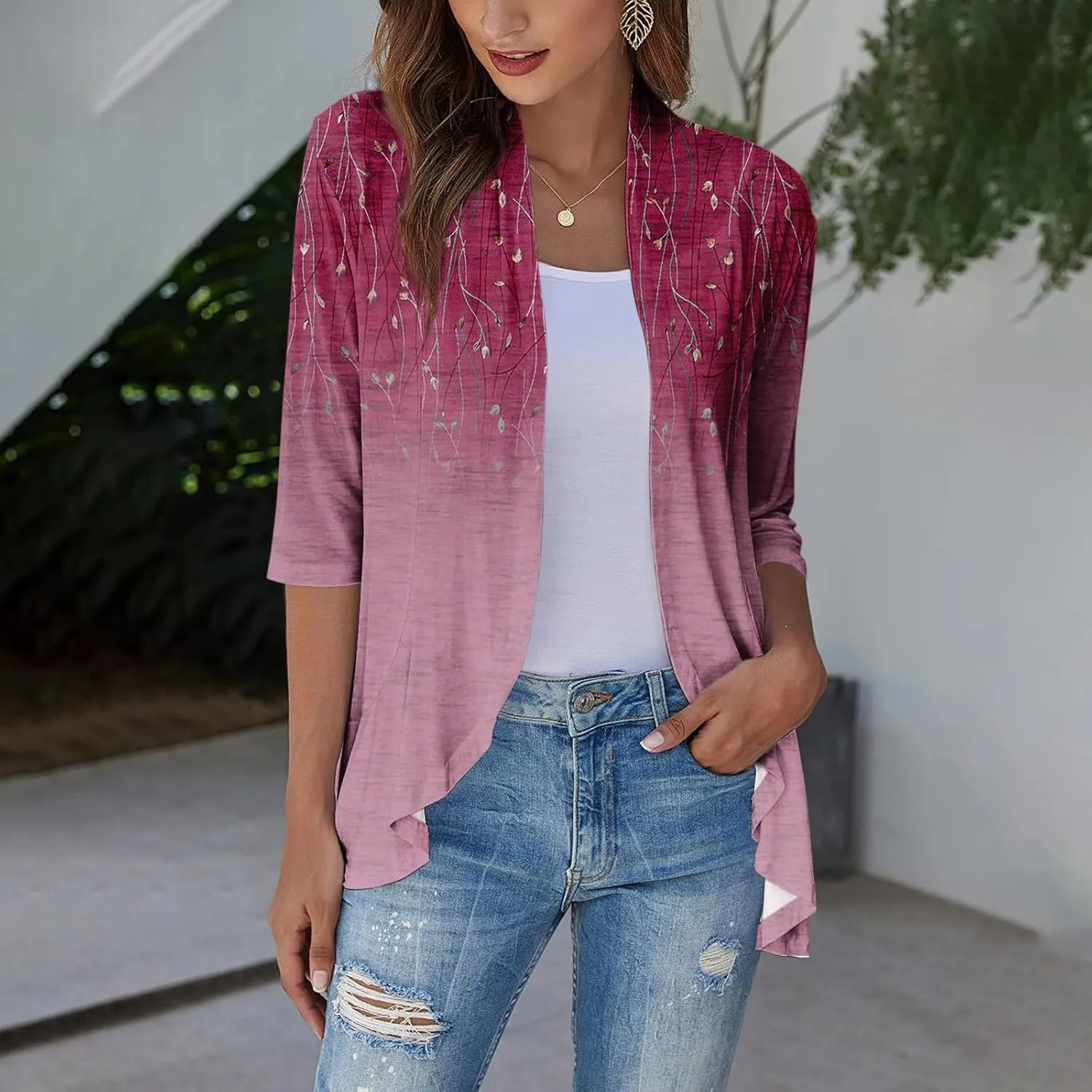 Cardigan for Women Draped Ruffles Printed Casual Tops 3/4 Sleeves Lightweight Open Front Shirts