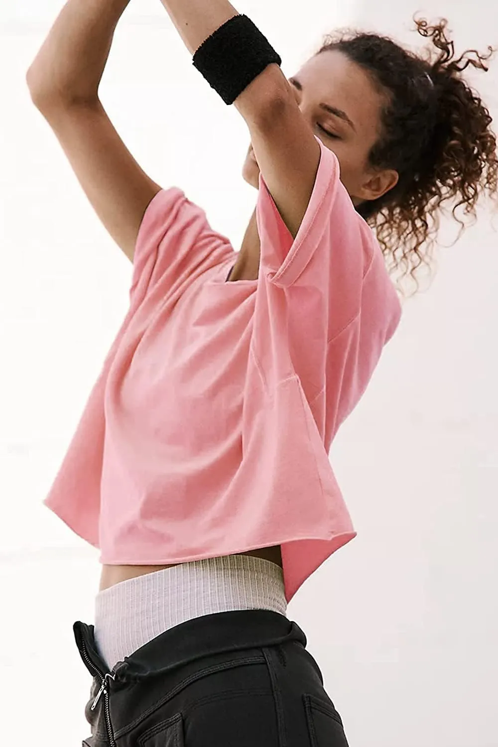 Carpetcom Oversized Workout Shirts for Women Short Sleeve Drop Shoulder Casual Crop Tops Baggy Gym Yoga Athletic Tee