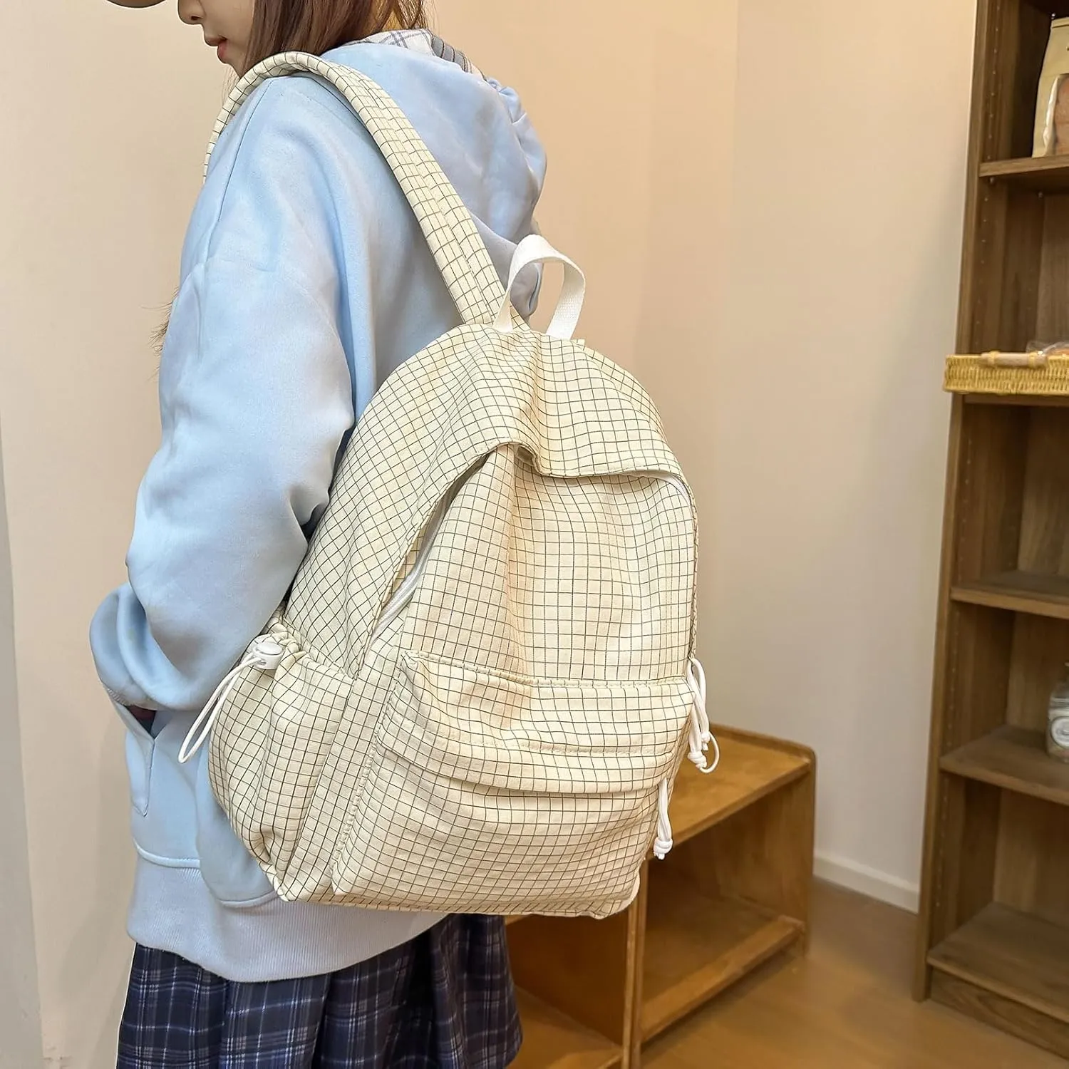 Casual Backpack Nylon Checkered Bookbags Lightweight Laptop Bag Travel Daypacks (Yellow)