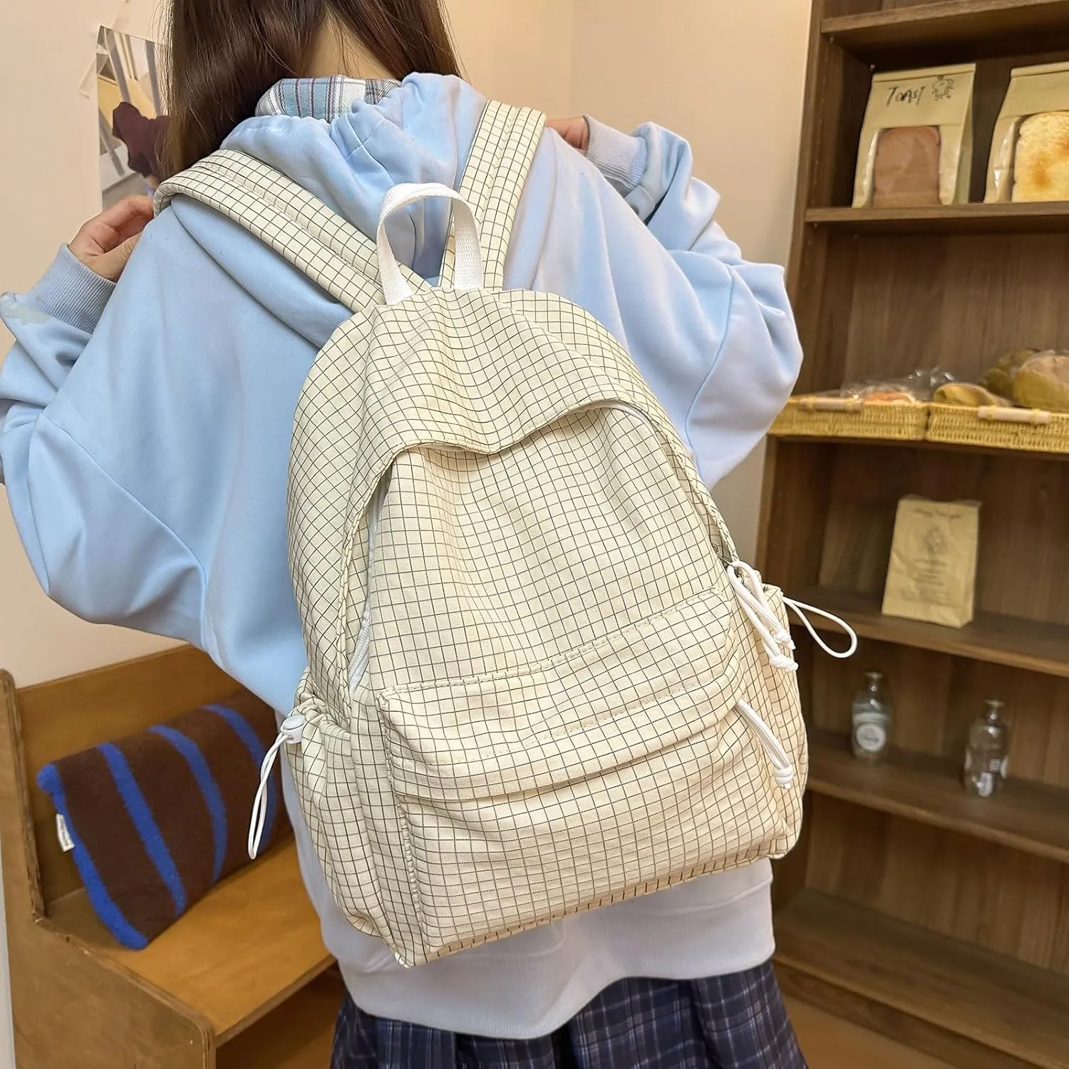 Casual Backpack Nylon Checkered Bookbags Lightweight Laptop Bag Travel Daypacks (Yellow)