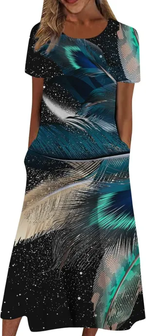 Casual Dresses for Women 2024 Summer Trendy Short Sleeve Ruffle Long T Shirt Dress Boho Leaves Print Loose Maxi Sundress