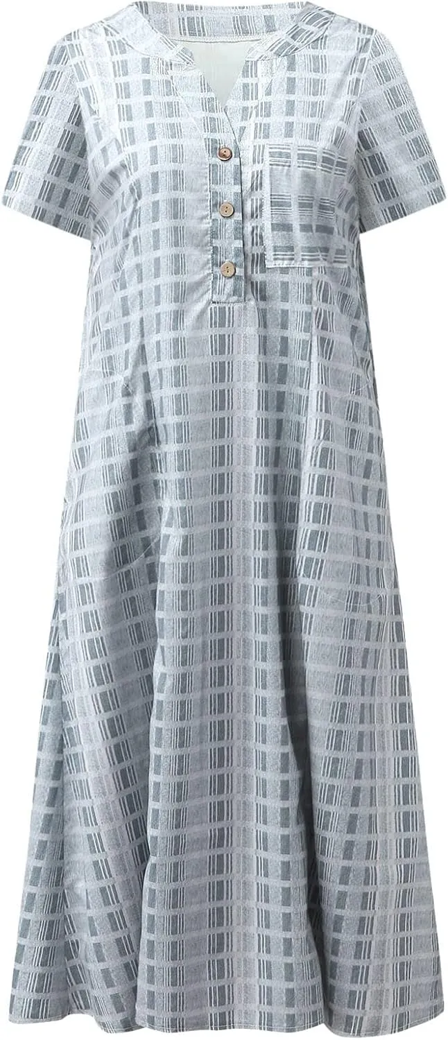 Casual Summer Dresses for Women Stripe Button V Neck Sleeveless with Pocket Long Dresses Holiday Beach Party Midi Dress