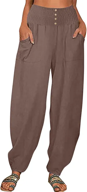 Ceboyel Women Lantern Linen Pants High Elastic Waist Tapered Harem Pants Summer Beach Boho Trouser Trendy Ladies Outfits