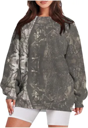 ChicCrate Womens Camo Hoodie Oversized Crewneck Sweatshirts Long Sleeve Loose Fit Pullover Maple Leaf Print Tops Y2K Blouse