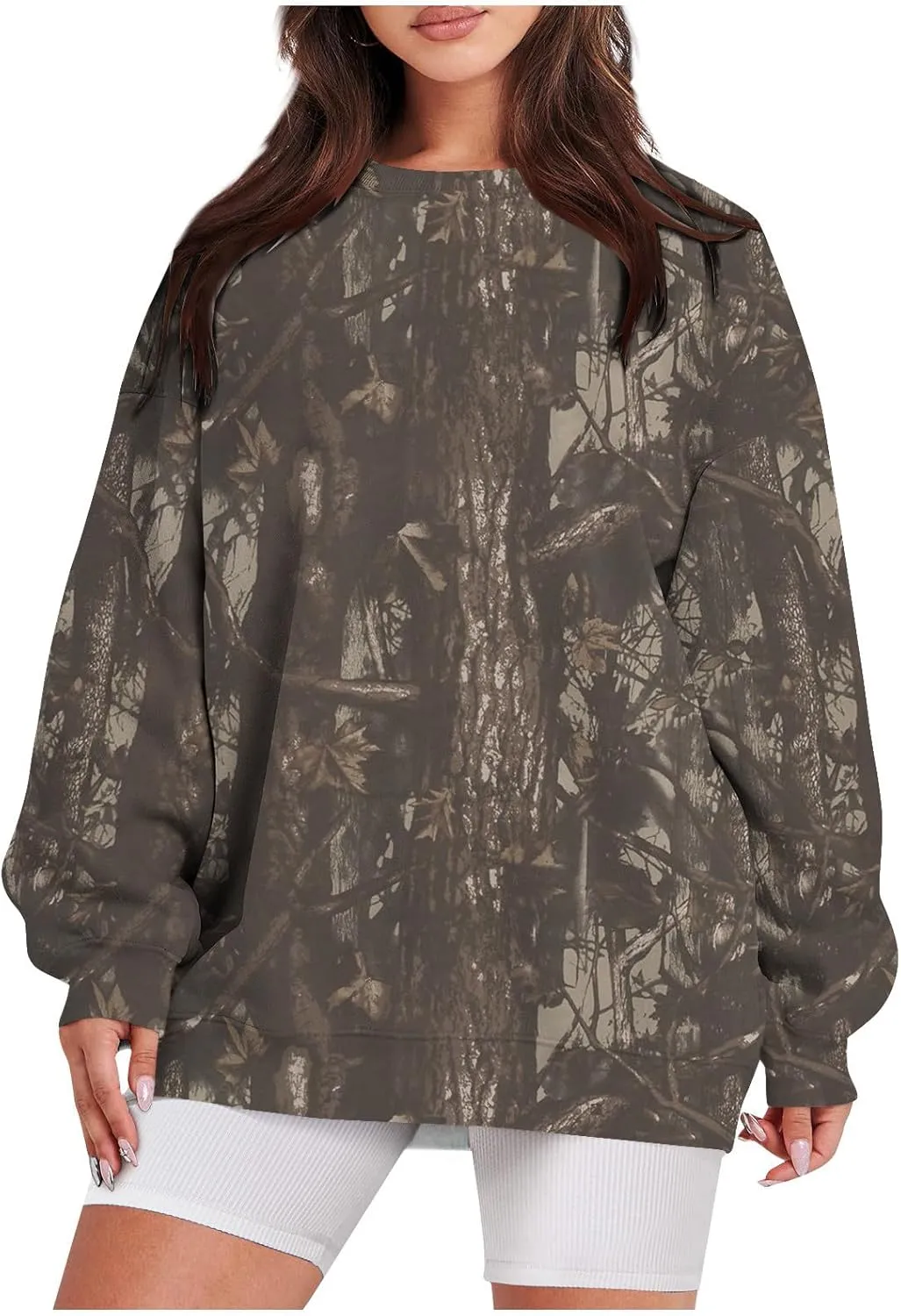 ChicCrate Womens Camo Hoodie Oversized Crewneck Sweatshirts Long Sleeve Loose Fit Pullover Maple Leaf Print Tops Y2K Blouse