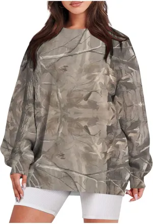 ChicCrate Womens Camo Hoodie Oversized Crewneck Sweatshirts Long Sleeve Loose Fit Pullover Maple Leaf Print Tops Y2K Blouse