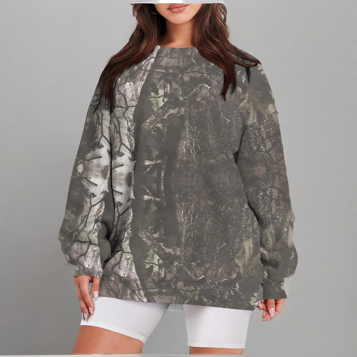 ChicCrate Womens Camo Hoodie Oversized Crewneck Sweatshirts Long Sleeve Loose Fit Pullover Maple Leaf Print Tops Y2K Blouse