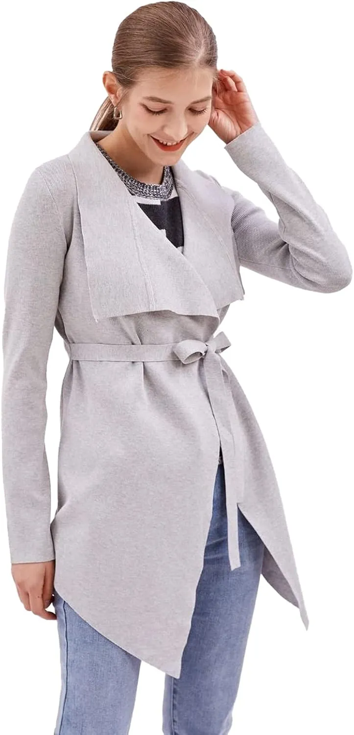 CHICWISH Women's Wide Lapel Tie Waist Knit Cardigan Coatigan Light Jacket