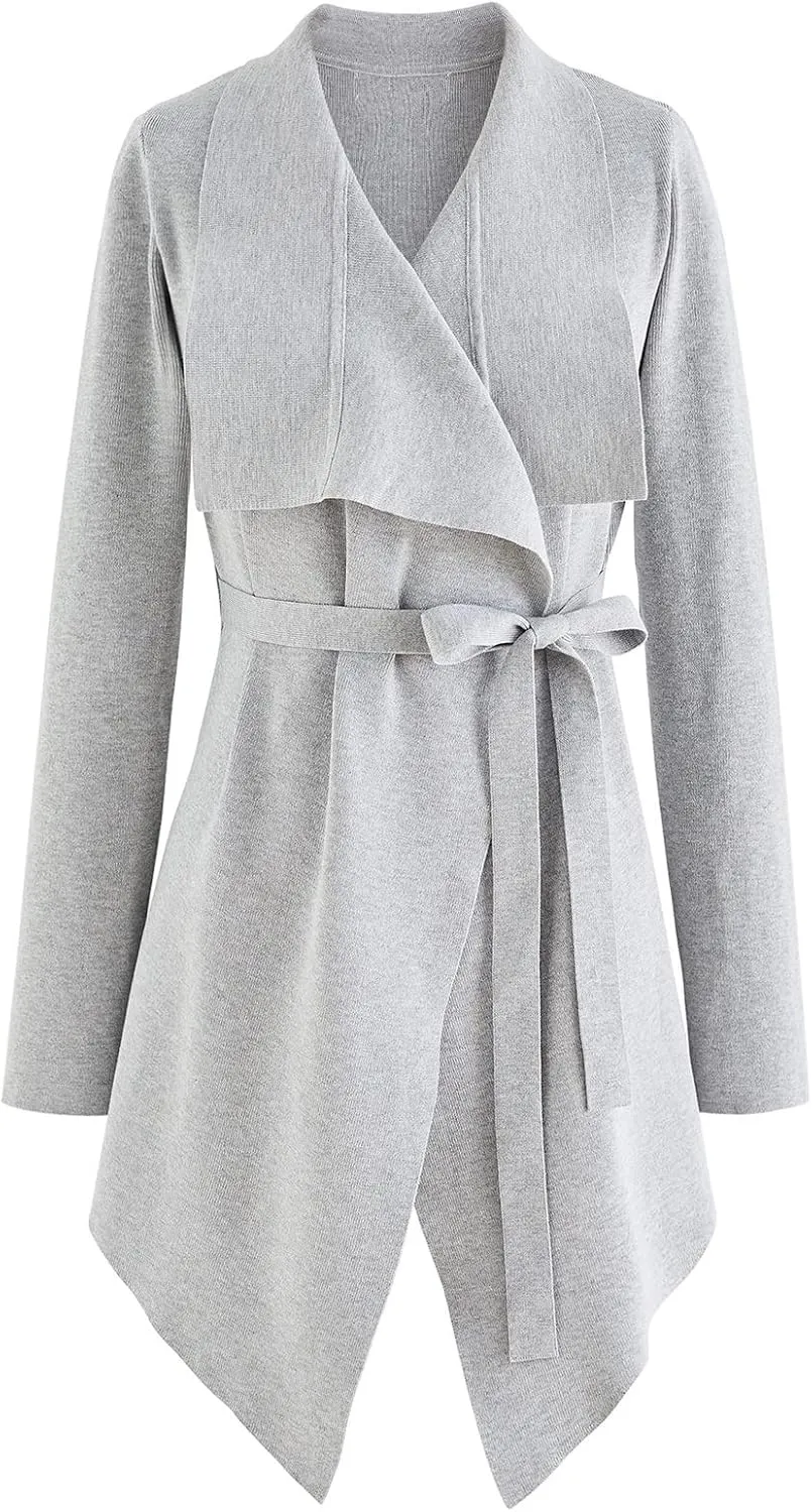 CHICWISH Women's Wide Lapel Tie Waist Knit Cardigan Coatigan Light Jacket