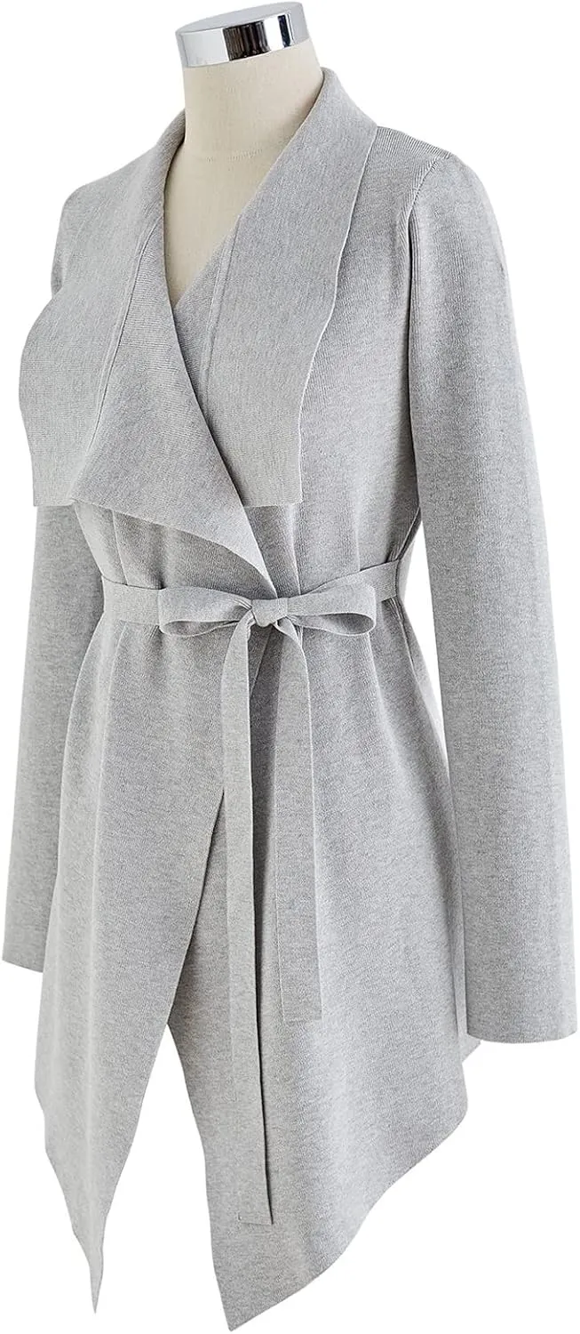 CHICWISH Women's Wide Lapel Tie Waist Knit Cardigan Coatigan Light Jacket