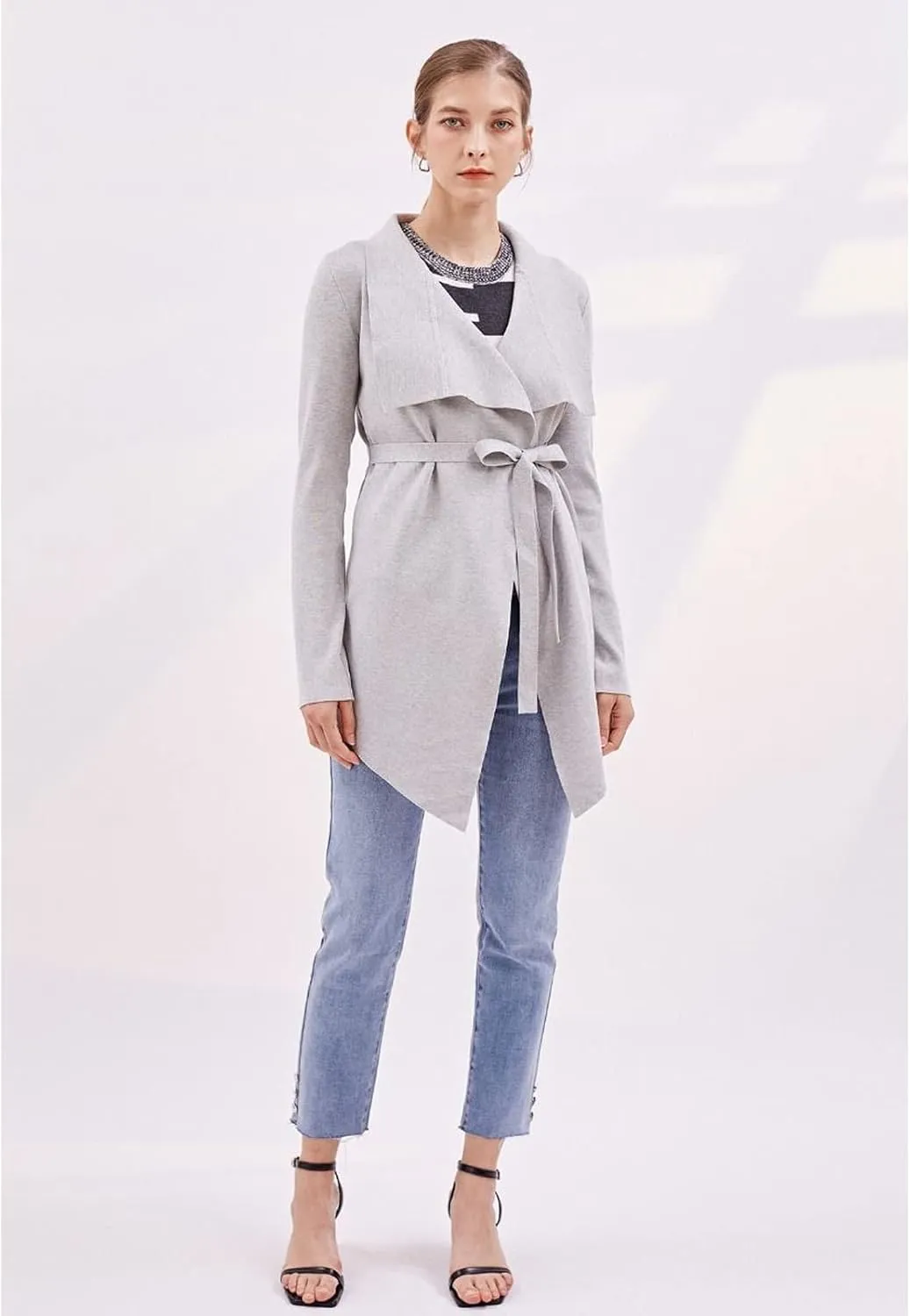 CHICWISH Women's Wide Lapel Tie Waist Knit Cardigan Coatigan Light Jacket