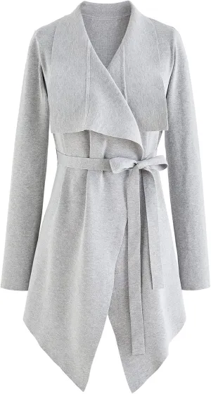 CHICWISH Women's Wide Lapel Tie Waist Knit Cardigan Coatigan Light Jacket