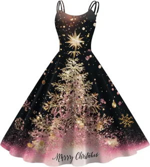 Christmas Dresses for Women 1950s Retro Vintage Spaghetti Strap Cocktail Rockabilly Floral Evening Swing Dress