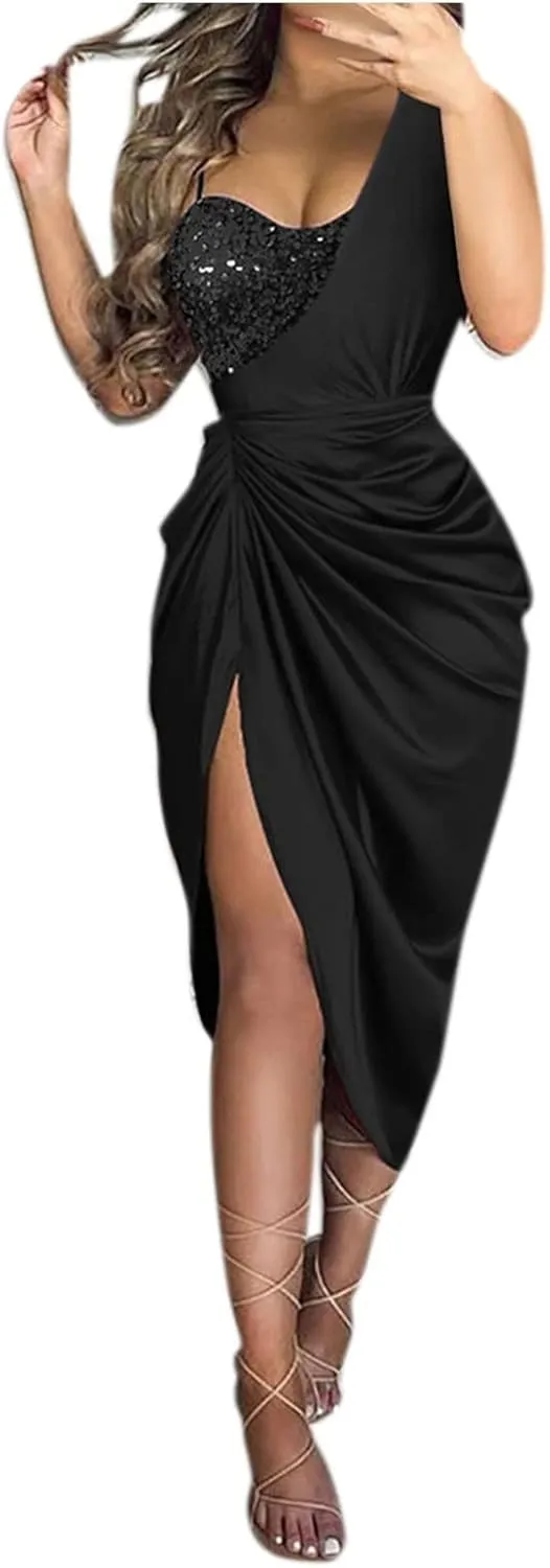 Cocktail Dress for Women,2024 Elegant Sexy Skinny Wedding Guest Dress,Trendy Ruched Slit Irregular Party Dress