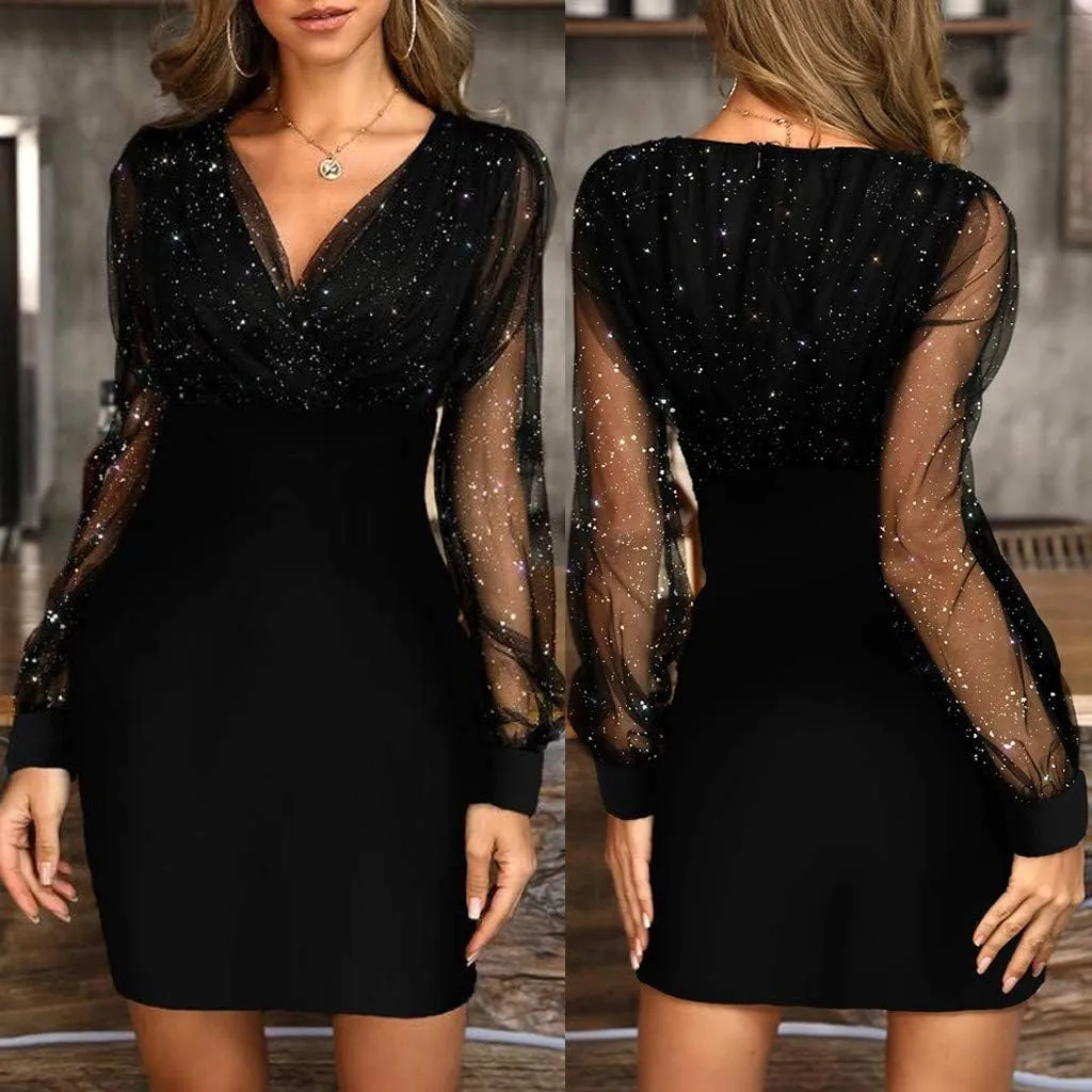 Cocktail Dress for Women,2024 Elegant Sexy Wrap V Neck Skinny Party Dress,Trendy Mesh Patchwork Long Sleeve Dress