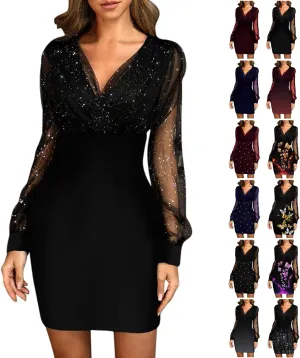 Cocktail Dress for Women,2024 Elegant Sexy Wrap V Neck Skinny Party Dress,Trendy Mesh Patchwork Long Sleeve Dress