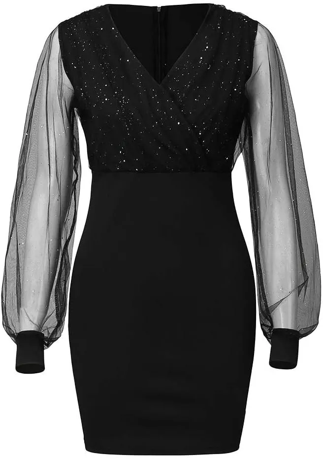 Cocktail Dress for Women,2024 Elegant Sexy Wrap V Neck Skinny Party Dress,Trendy Mesh Patchwork Long Sleeve Dress