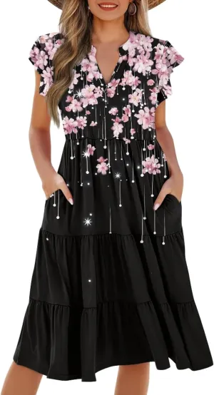 Coloranimal Summer Dresses for Women 2024 Maxi Dress Sundresses Breathable Beach Dress Womens Dresses Short Sleeve Midi Dress