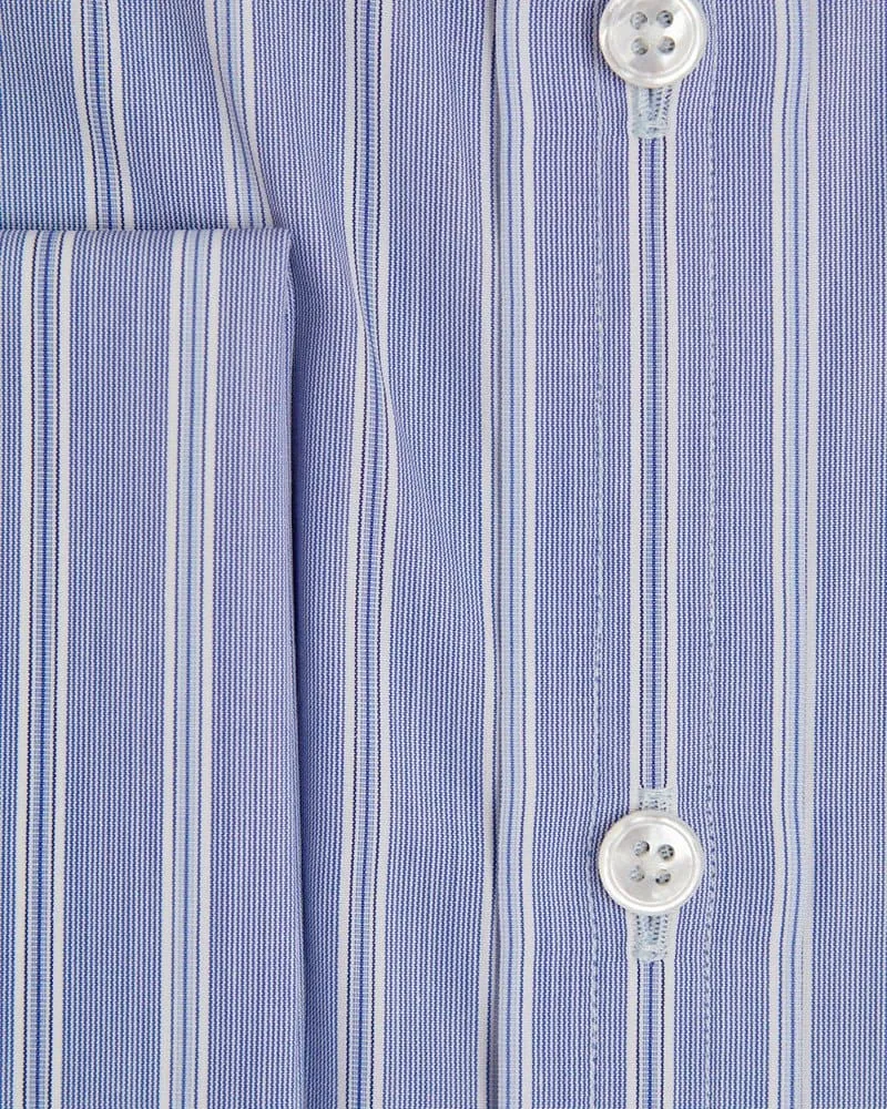 Contemporary Fit, Classic Collar, Double Cuff Shirt in a Blue, Navy & White Stripe Poplin Cotton