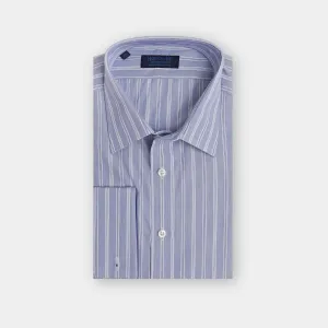 Contemporary Fit, Classic Collar, Double Cuff Shirt in a Blue, Navy & White Stripe Poplin Cotton
