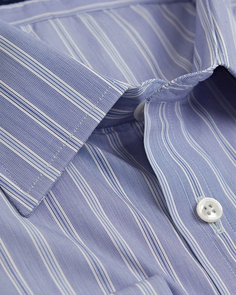 Contemporary Fit, Classic Collar, Double Cuff Shirt in a Blue, Navy & White Stripe Poplin Cotton