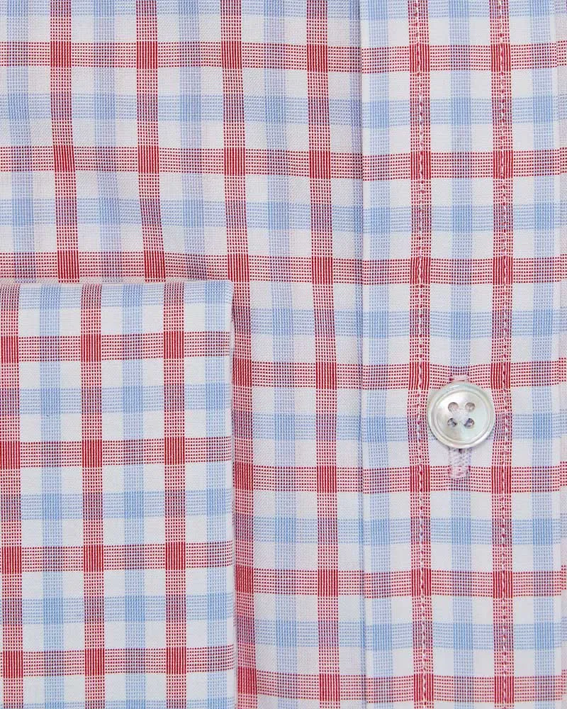 Contemporary Fit White, Red & Navy Overcheck Cotton Shirt with Classic Collar & Double Cuff