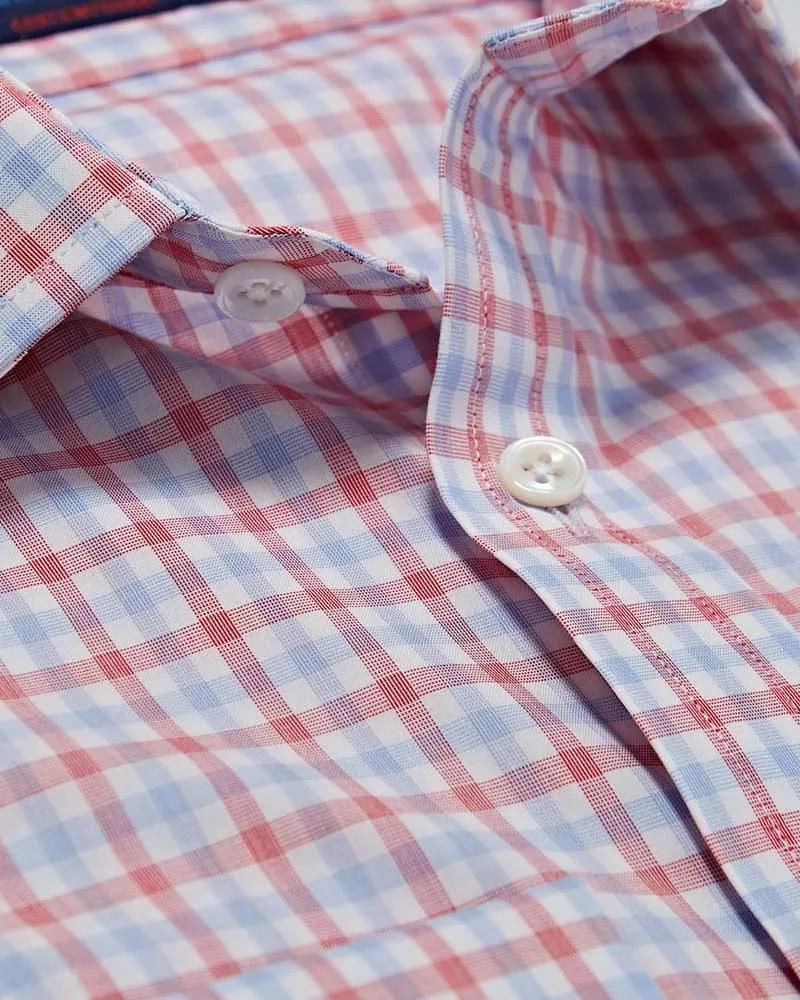 Contemporary Fit White, Red & Navy Overcheck Cotton Shirt with Classic Collar & Double Cuff