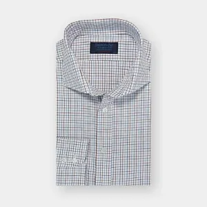 Contemporary Fit White, Red & Navy Twill Check Cotton Shirt with Cut-away Collar & Two Button Cuff