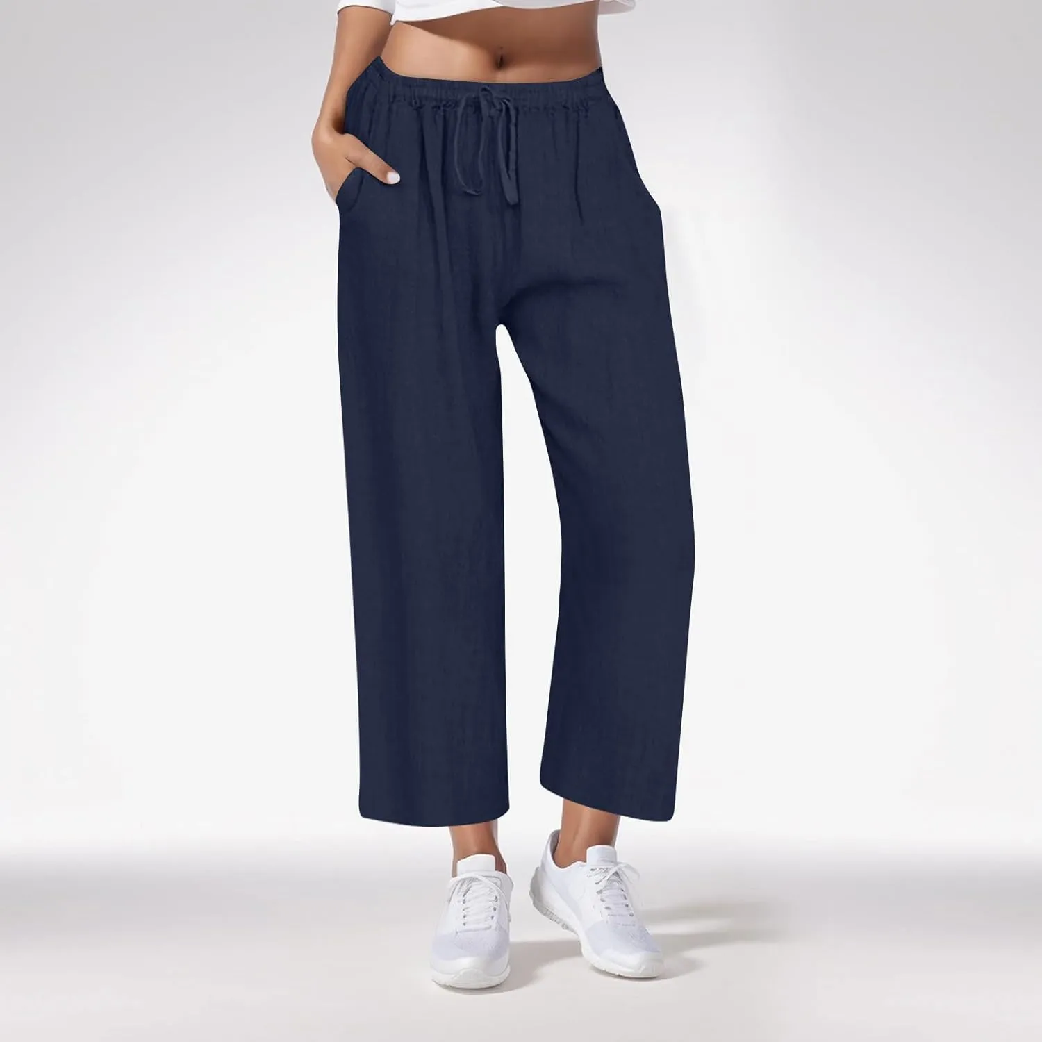 Cotton Linen Pants for Women Drawstring High Elastic Waist Straight Leg Trousers Lightweight Loose Lounge Pants