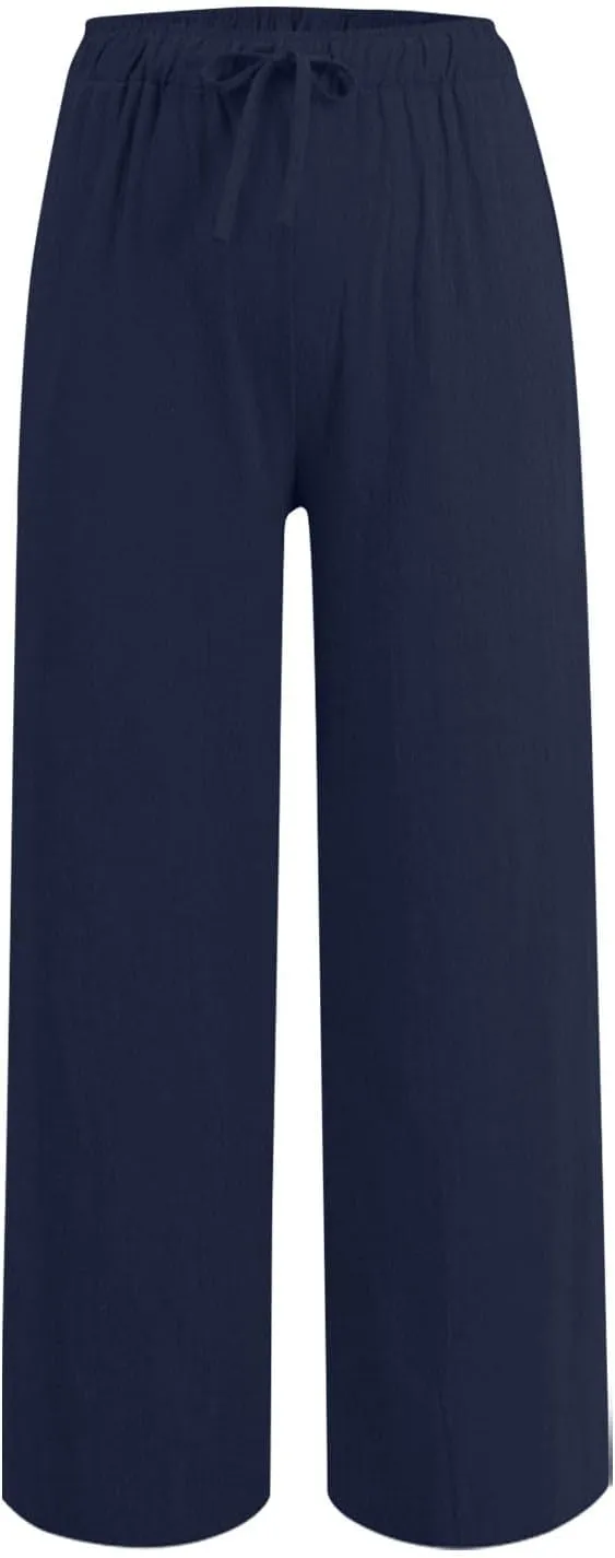 Cotton Linen Pants for Women Drawstring High Elastic Waist Straight Leg Trousers Lightweight Loose Lounge Pants