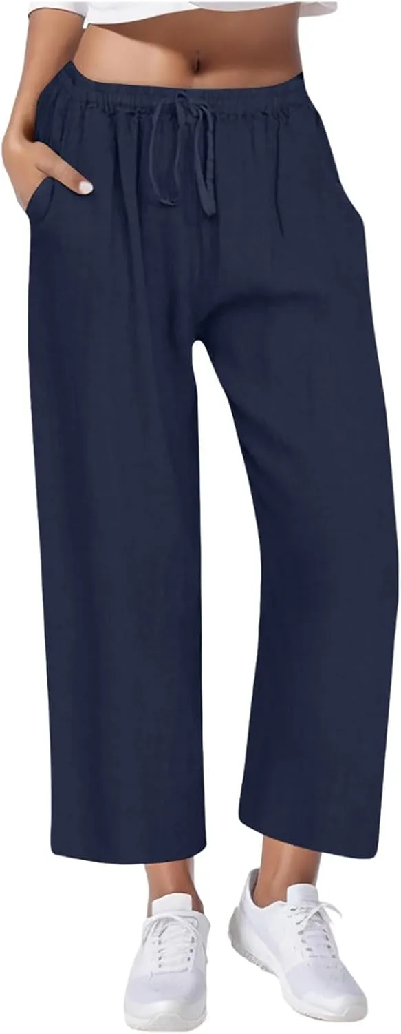 Cotton Linen Pants for Women Drawstring High Elastic Waist Straight Leg Trousers Lightweight Loose Lounge Pants