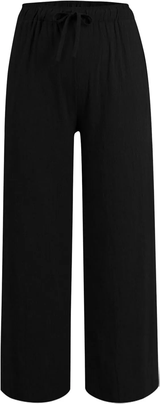 Cotton Linen Pants for Women Drawstring High Elastic Waist Straight Leg Trousers Lightweight Loose Lounge Pants