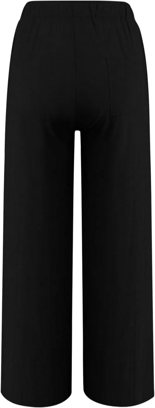 Cotton Linen Pants for Women Drawstring High Elastic Waist Straight Leg Trousers Lightweight Loose Lounge Pants