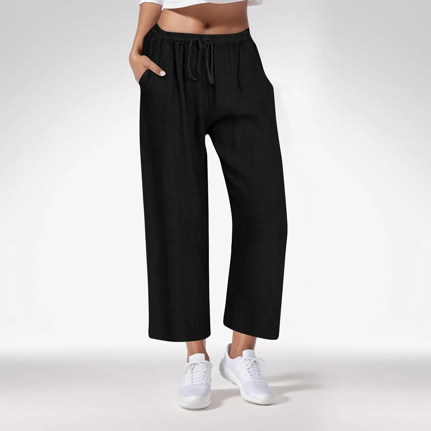 Cotton Linen Pants for Women Drawstring High Elastic Waist Straight Leg Trousers Lightweight Loose Lounge Pants