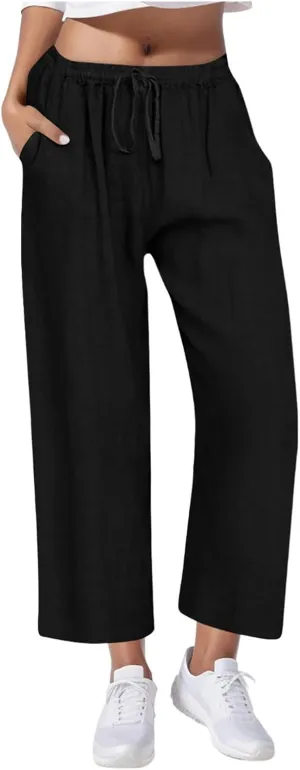 Cotton Linen Pants for Women Drawstring High Elastic Waist Straight Leg Trousers Lightweight Loose Lounge Pants