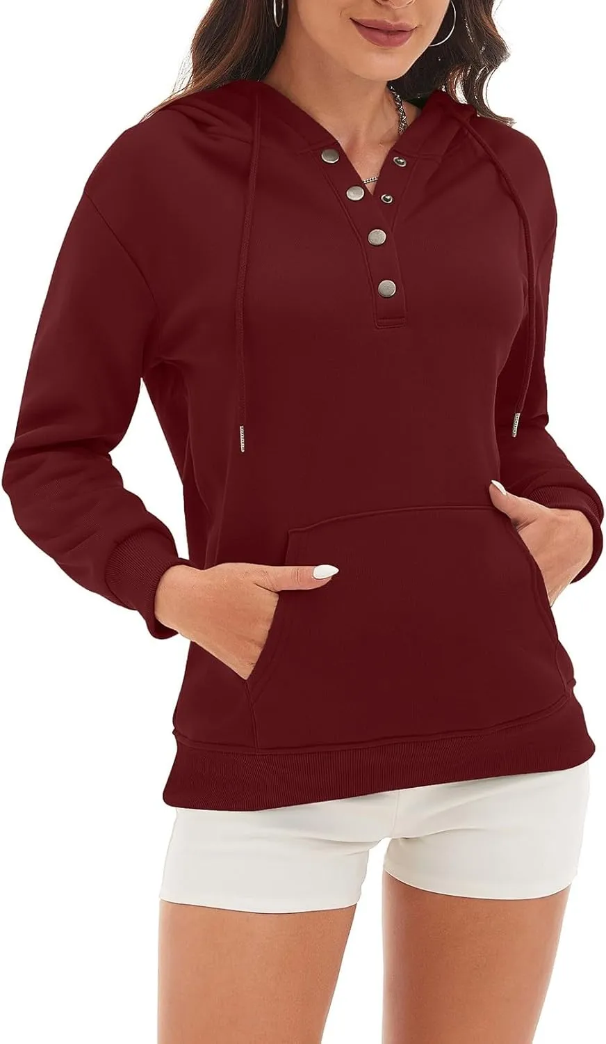CRNTCEM Womens Button Up Hoodie Sweatshirts V Neck Casual Loose Long Sleeve Drawstring Oversized Pullover Tops with Pockets