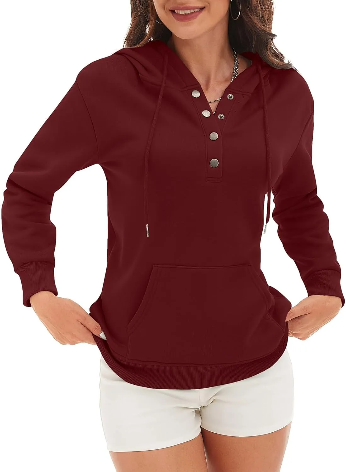 CRNTCEM Womens Button Up Hoodie Sweatshirts V Neck Casual Loose Long Sleeve Drawstring Oversized Pullover Tops with Pockets