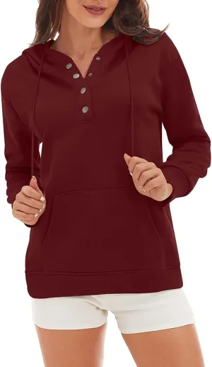 CRNTCEM Womens Button Up Hoodie Sweatshirts V Neck Casual Loose Long Sleeve Drawstring Oversized Pullover Tops with Pockets
