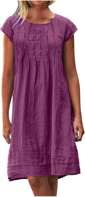 Ctreela 3/4 Sleeve Cotton Linen Lounge Dress Women's Casual V-Neck Midi Dresses Bohemian Sundress Loose Beach Dress