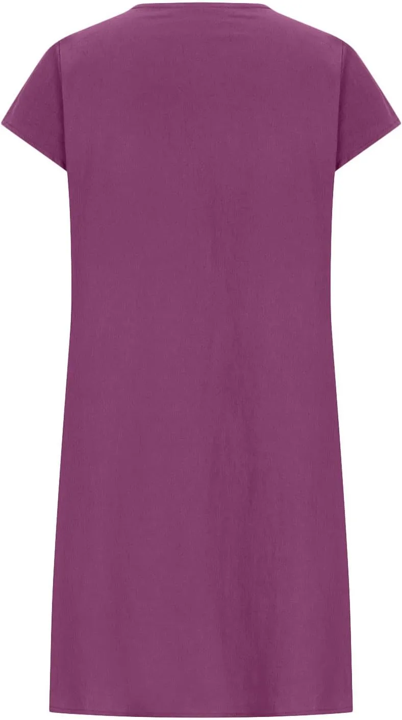 Ctreela 3/4 Sleeve Cotton Linen Lounge Dress Women's Casual V-Neck Midi Dresses Bohemian Sundress Loose Beach Dress