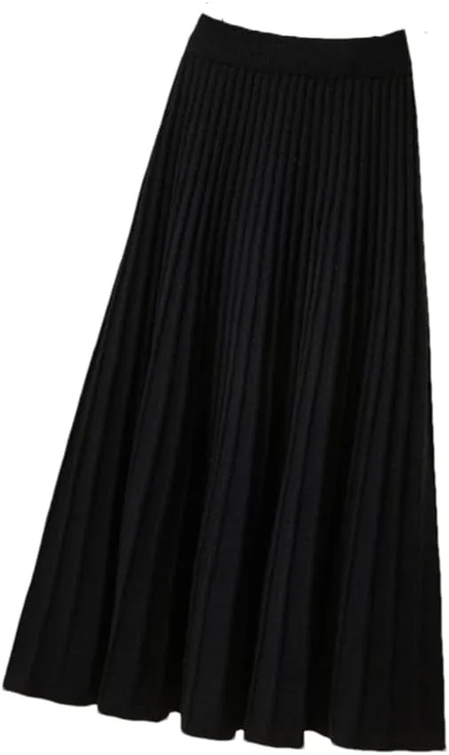 DBFBDTU Knitted Pleated Skirt Midi Skirt Solid Color Loose High Waist Long Skirt Casual Women Bottoms Clothes