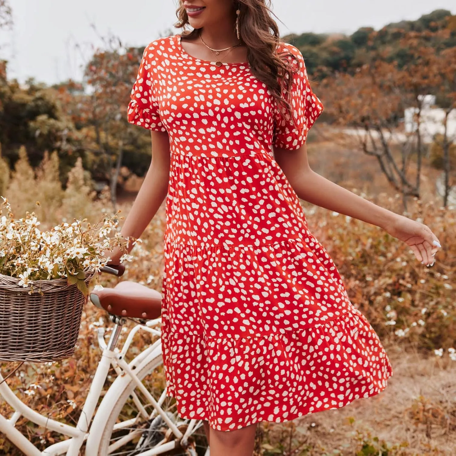 Dot Print Dress for Women Casual Loose Floral Print Dress Short Sleeve Ruffle Sleeve Party Dress Crewneck Mini Dress