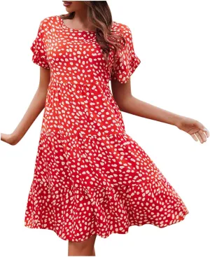 Dot Print Dress for Women Casual Loose Floral Print Dress Short Sleeve Ruffle Sleeve Party Dress Crewneck Mini Dress