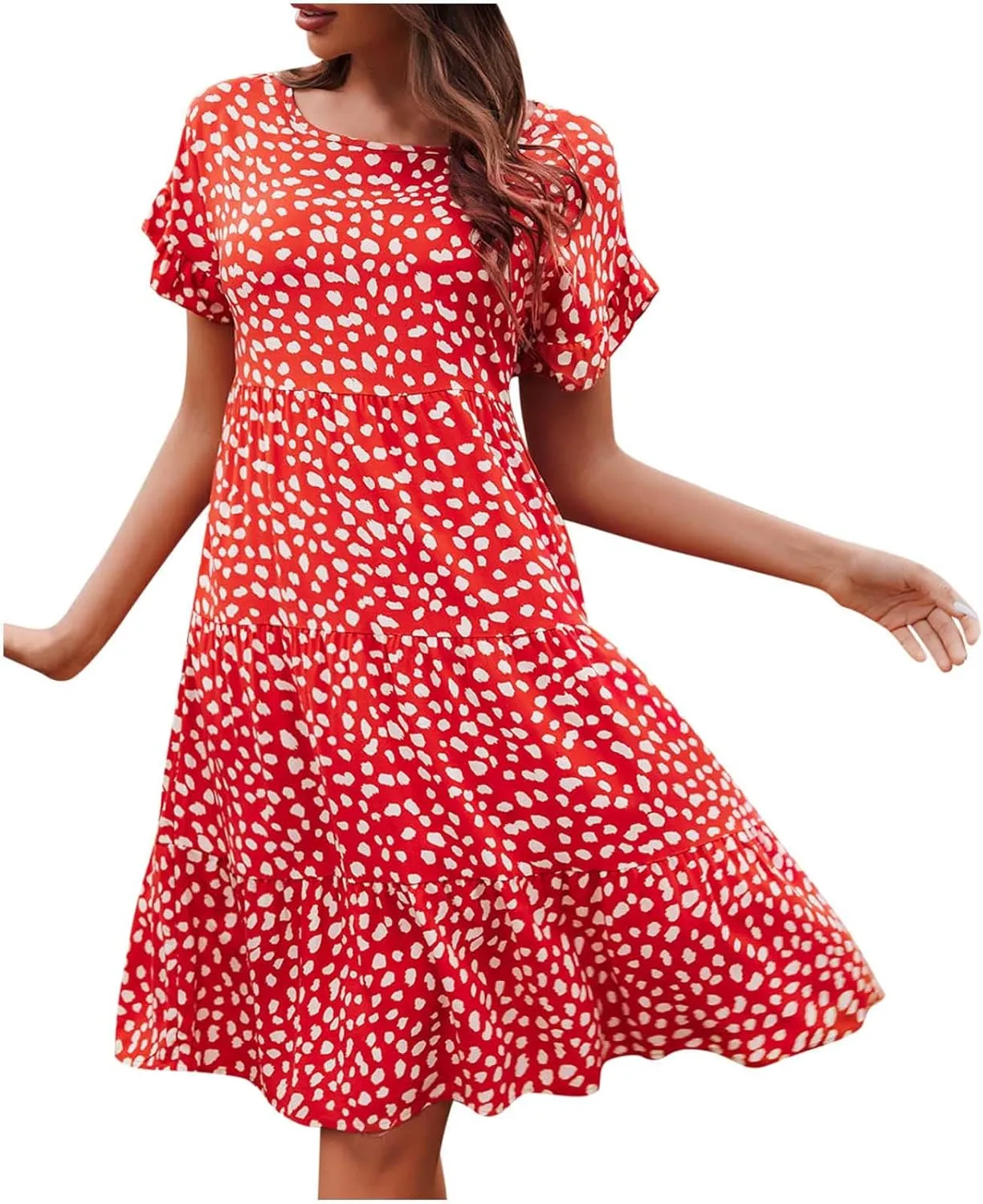 Dot Print Dress for Women Casual Loose Floral Print Dress Short Sleeve Ruffle Sleeve Party Dress Crewneck Mini Dress